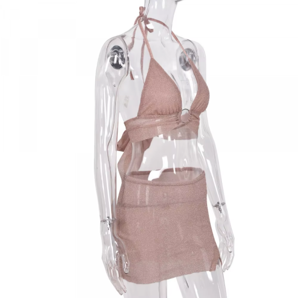 Glitter Pink Backless Crop Top Skirt 2 Piece Set - Image 12