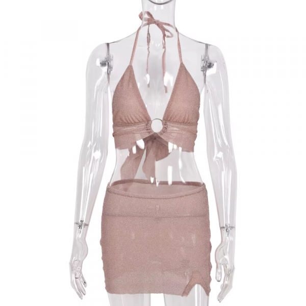 Glitter Pink Backless Crop Top Skirt 2 Piece Set - Image 13