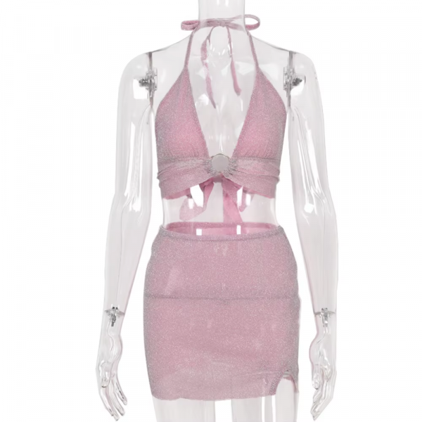 Glitter Pink Backless Crop Top Skirt 2 Piece Set - Image 9