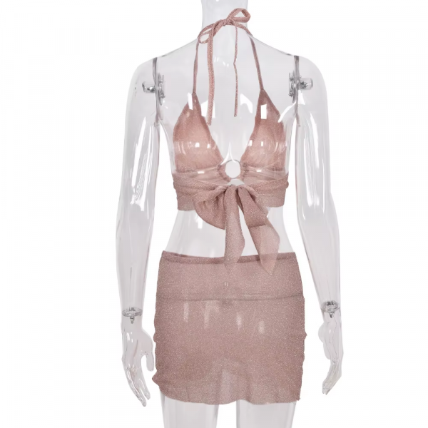 Glitter Pink Backless Crop Top Skirt 2 Piece Set - Image 11