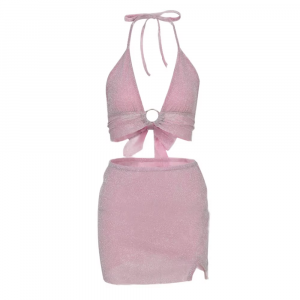 Glitter Pink Backless Crop Top Skirt 2 Piece Set