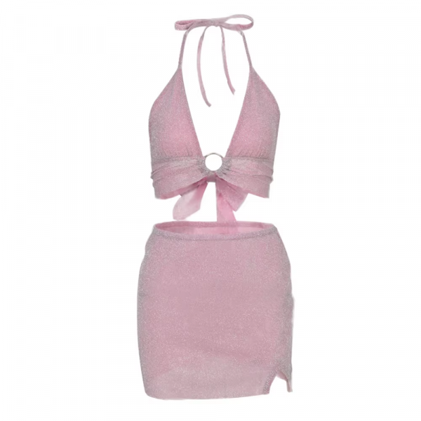Glitter Pink Backless Crop Top Skirt 2 Piece Set