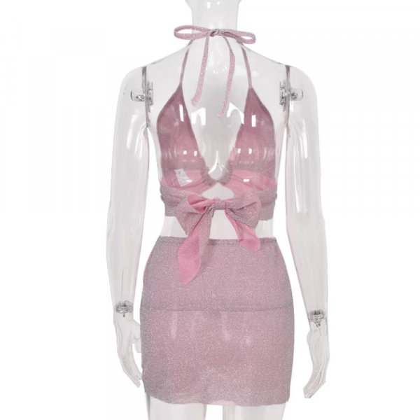 Glitter Pink Backless Crop Top Skirt 2 Piece Set - Image 8